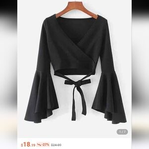 SHEIN Black Flared Sleeve Wrap Blouse